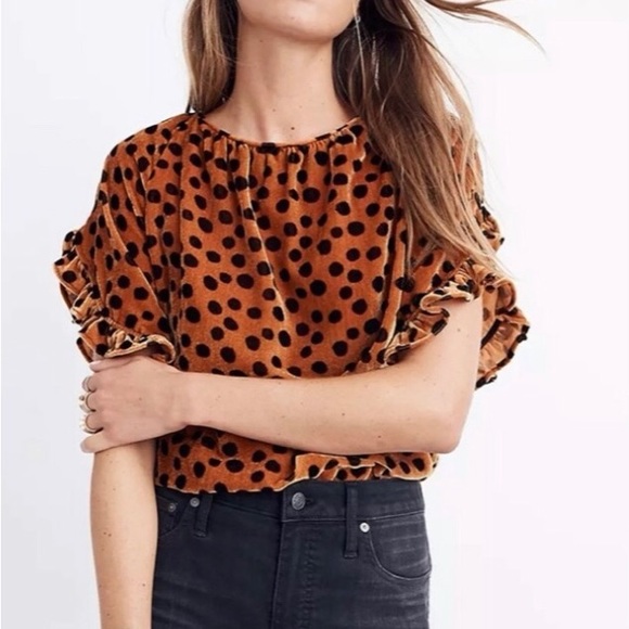 Cute! Madewell Velvet Top. EUC Rust w/ Black Polkadots. Ruffled Open Sleeves. M - Picture 12 of 13